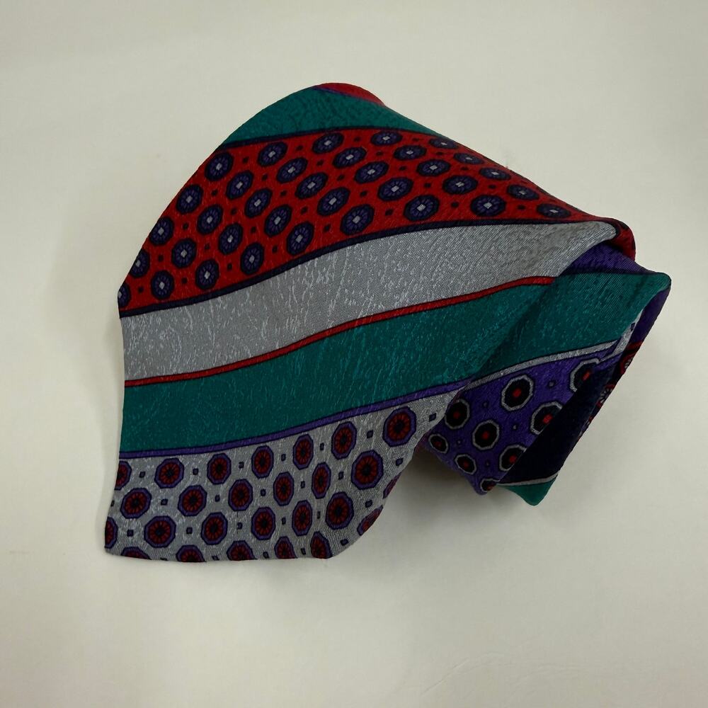 Vintage Gianni Versace Silk Tie Red Teal Purple Stripe Medallion Italy